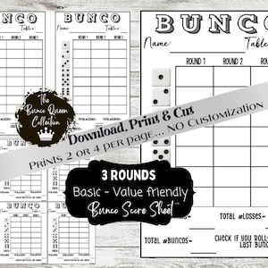 Puede incluir: Hoja de puntuación de Bunco imprimible con tres rondas, un espacio para el nombre del jugador, el número de mesa y el total de pérdidas. La hoja también incluye una sección para verificar si el jugador tiró el último bunco.