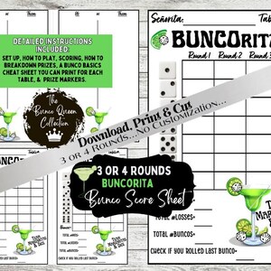 NO CUSTOMIZATION**Margarita Score Sheet Set w/Tally Sheet with Instructions. Digital DOWNLOAD. Fiesta Themed Bunco Night 3 or 4 Rounds