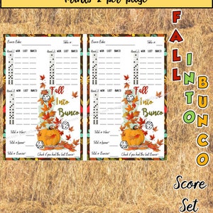 Puede incluir: Un paquete de hojas de puntuaci&oacute;n de Bunco con dos hojas por p&aacute;gina. Las hojas tienen espacios para las puntuaciones, con un tema de oto&ntilde;o. El dise&ntilde;o incluye calabazas, dados y hojas de oto&ntilde;o. El texto dice "Fall Into Bunco."