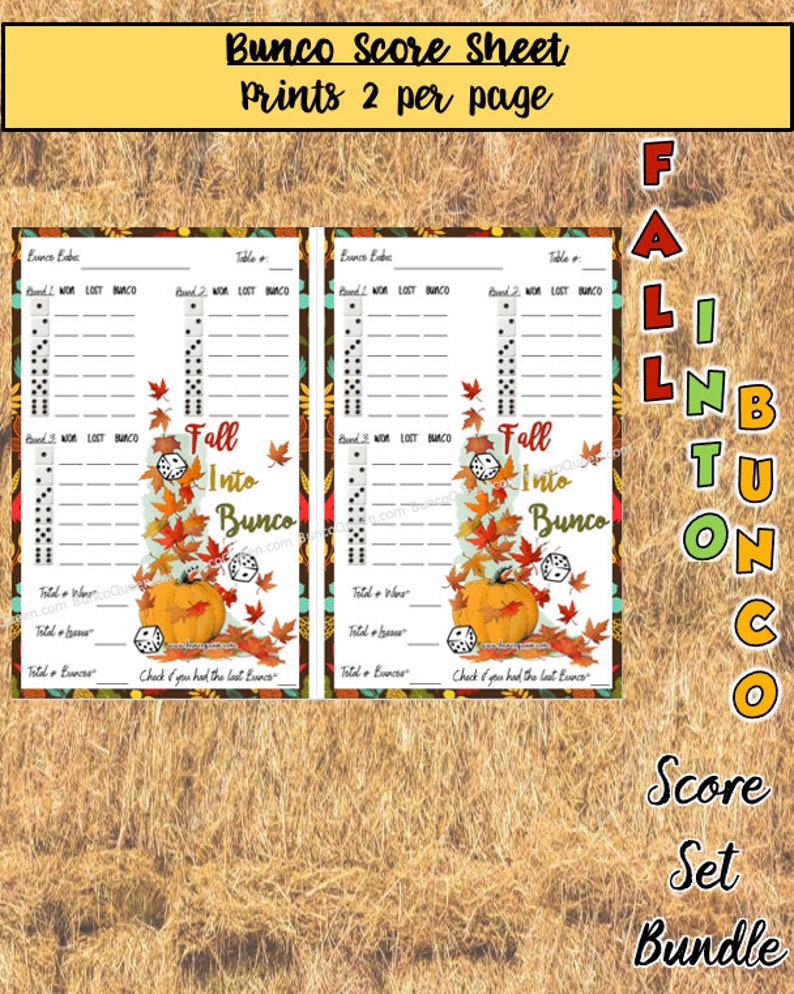 Puede incluir: Un paquete de hojas de puntuaci&oacute;n de Bunco con dos hojas por p&aacute;gina. Las hojas tienen espacios para las puntuaciones, con un tema de oto&ntilde;o. El dise&ntilde;o incluye calabazas, dados y hojas de oto&ntilde;o. El texto dice "Fall Into Bunco."