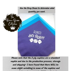 May include: Purple, blue, and turquoise paper napkins with the text "BUNCO Let's Roll!!!" and a graphic of dice. The Bunco Queen Collection logo is in the top left corner.