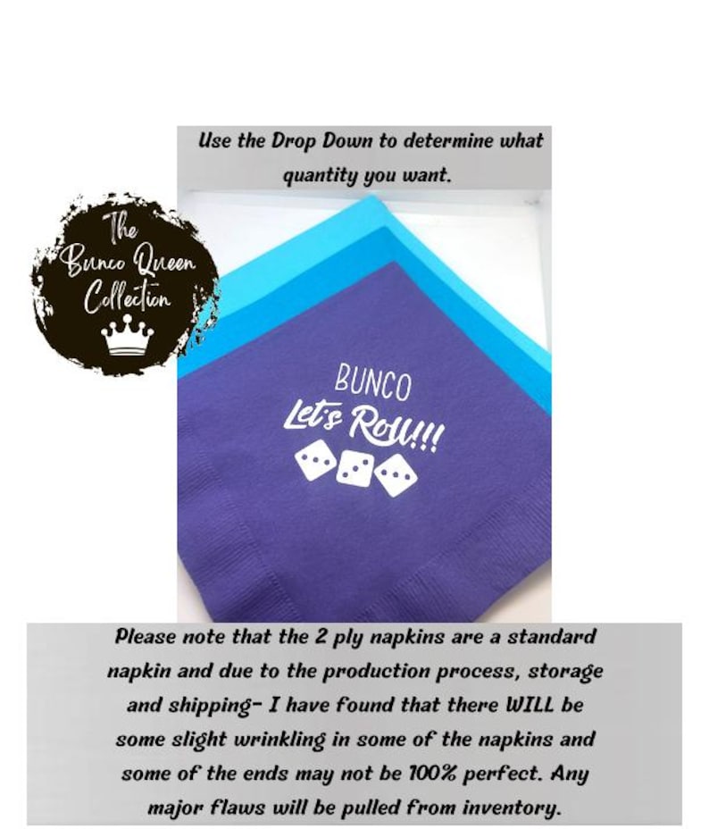 May include: Purple, blue, and turquoise paper napkins with the text "BUNCO Let's Roll!!!" and a graphic of dice. The Bunco Queen Collection logo is in the top left corner.