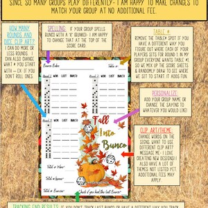 Puede incluir: Una tarjeta de puntuaci&oacute;n de Bunco personalizable con el texto "Fall Into Bunco" y una ilustraci&oacute;n de calabaza. La tarjeta incluye espacios para el seguimiento de las puntuaciones, con opciones de personalizaci&oacute;n y cambios de im&aacute;genes predise&ntilde;adas. La tarjeta est&aacute; dise&ntilde;ada para grupos.
