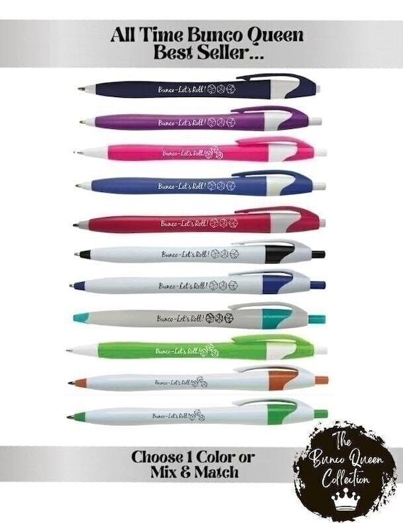 Bunco Ink Pens- "Let's Roll!" Bunco pens with black ink- 21 Colors to choose from: Choose 1 or Mix & Match!