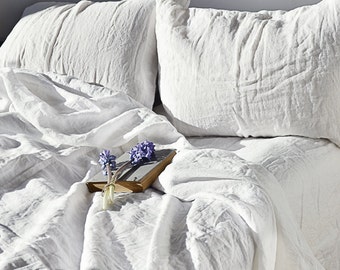 Simple white complete linen bed set, Duvet cover, Flat sheet,  Pillowcases. Extra fast shipping.