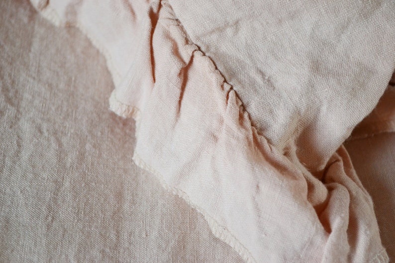 May include: Close-up of a pale pink fabric with a ruffled edge. The fabric has a soft, textured appearance.