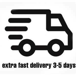 May include: Black and white icon of a delivery truck with three lines above it, indicating speed. The text below the icon reads "extra fast delivery 3-5 days".