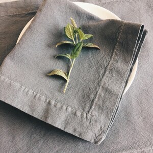 May include: A gray linen napkin folded on a gray linen placemat with a sprig of green foliage on top.