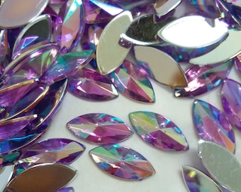 Horse Eye Purple AB Pointed Face Acrylic Flat Back Rhinestones Scrapbooking Crafts Silver Foil Backing Iridescent Wholesale Bulk Navette