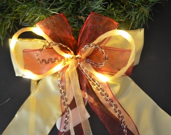 Noeud de Noël LED, vanille-bordeaux, noeud prêt à l'emploi 22 x 30 cm, noeud décoratif, noeud de Noël pour cadeau et décoration