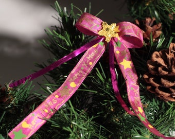 Pink modern Christmas bow with gold print Merry Christmas, pink and gold Christmas bow, for gift packages