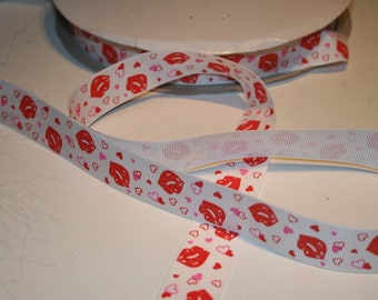 Grosgrain ribbon, woven ribbon 25 mm, kissing mouth, red lips, white