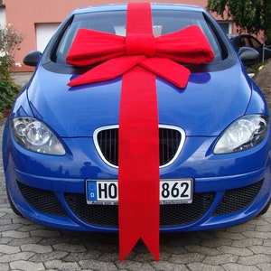 Può includere: Un'auto blu con un grande fiocco rosso sul cofano. La targa è "HO 862".