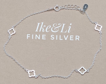 FB Jewels Solid 925 Sterling Silver Polished Four Leaf Clover 1In Ext Anklet 