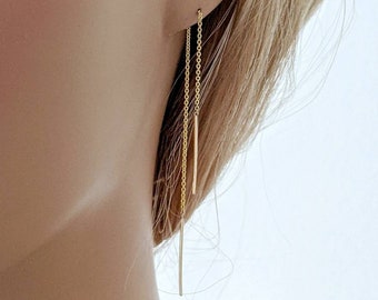 Threader Earring 14k Solid Gold Double Bar Ear Threader / Yellow White Rose Gold / NOT Gold Filled NOT Gold Plated / Delicate Chain Earrings