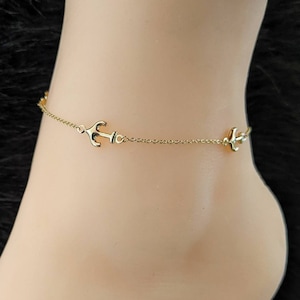 Anchor Anklet Bracelet 14k Yellow Gold / 9&quot; - 10&quot; / Puffed / Adjustable / Double Sided / NOT Gold Filled NOT Gold Plated / Gift for Her