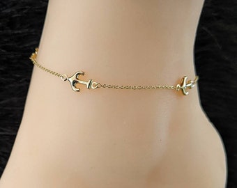 Anchor Anklet Bracelet 14k Yellow Gold / 9" - 10" / Puffed / Adjustable / Double Sided / NOT Gold Filled NOT Gold Plated / Gift for Her