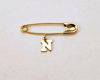 Baby Safety Pin & Initial Charm 14k Yellow Gold / Solid Gold / Christening / Baptism / Baby Shower / NOT Gold Filled NOT Gold Plated