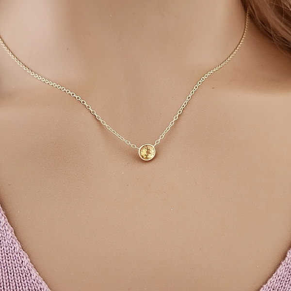 Natural Citrine Necklace 14k Yellow Gold / 5mm. Round Citrine / Floating Necklace / Layering Necklace / November Birthstone / Gift for Her
