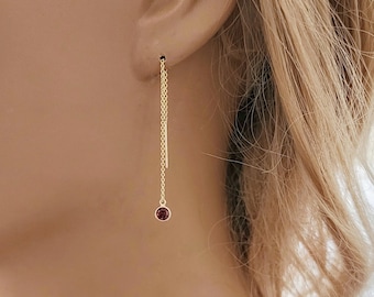 Birthstone Threader Earrings 14k Solid Gold Bar