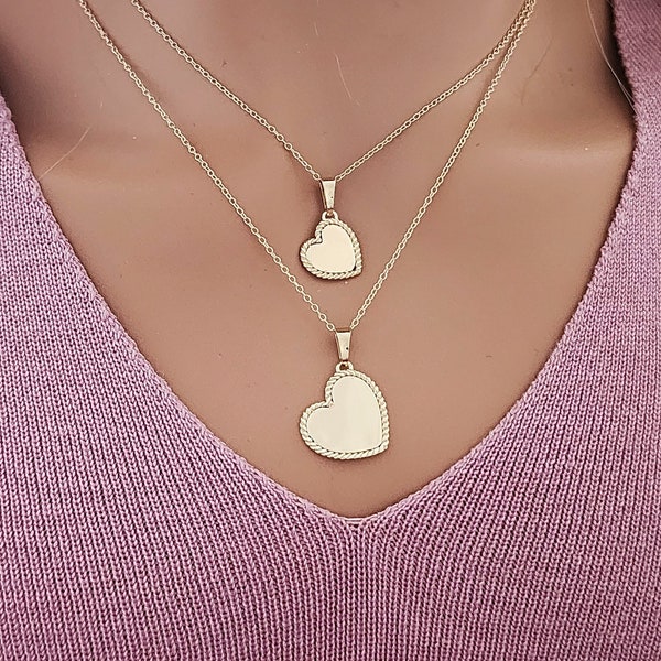 Heart Pendant 14k Yellow Gold / Shiny Center Heart / Layering / Double Sided / Gift For Her / Solid Gold / NOT Gold Plated NOT Gold Filled
