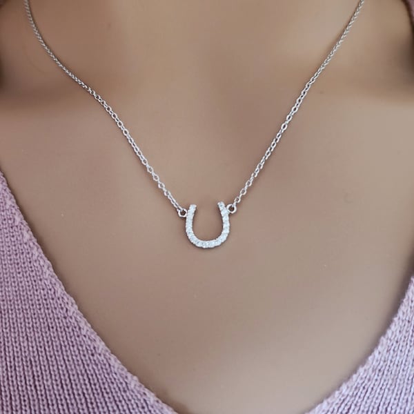 Horseshoe Necklace 925 Sterling Silver & Cubic Zirconia / Lucky Charm Layering Necklace / Good Luck Necklace / Gift for Her / Minimalist