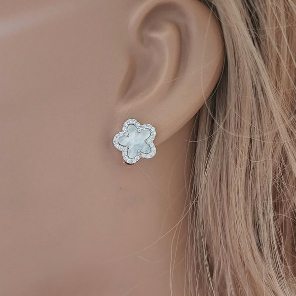 Clover Leaf Stud Earrings 925 Sterling Silver / Mother of Pearl Cubic Zirconia / Solid Silver / Gift for Her / Fancy Stud Earrings