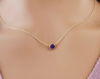 Natural Amethyst Necklace 14k Yellow Gold / 5mm. Round Amethyst / Floating Necklace / Layering Necklace / February Birthstone / Gift for Her