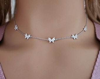 Butterfly Choker Necklace 925 Sterling Silver Cubic Zirconia / Fine Quality Silver / Layering Necklace / Gift for Her / Solid Silver
