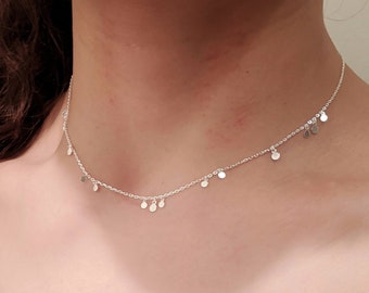 Dainty Disc Dangle Choker Necklace 925 Sterling Silver / Disc Choker Necklace / Fine Quality Silver / Layering Choker / Gift for Her