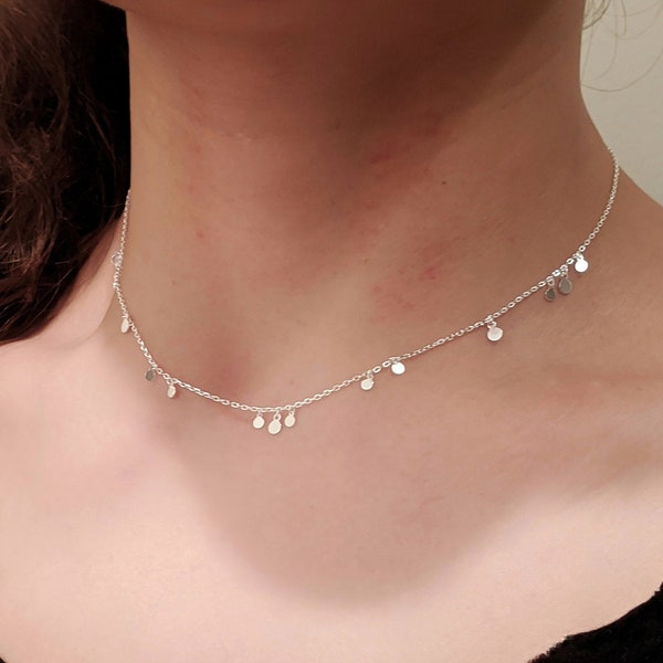Dainty Disc Dangle Choker Necklace 925 Sterling Silver / Disc Choker Necklace / Fine Quality Silver / Layering Choker / Gift for Her
