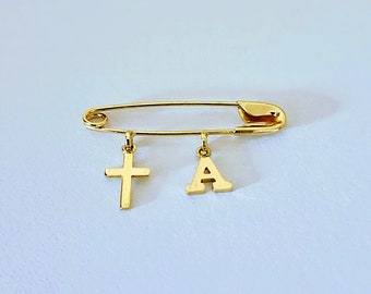 Baby Safety Pin with Initial & Cross Charms 14k Yellow Gold / Christening / Baptism / Baby Shower / NOT Gold Filled NOT Gold Plated