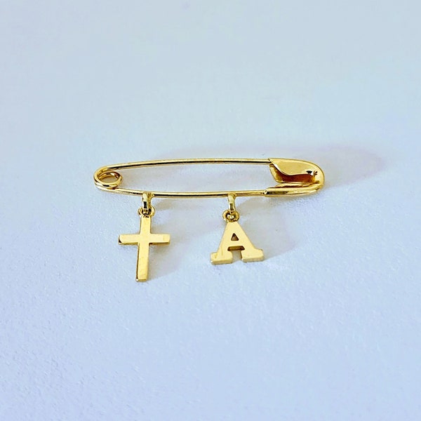 Baby Safety Pin with Initial & Cross Charms 14k Yellow Gold / Christening / Baptism / Baby Shower / NOT Gold Filled NOT Gold Plated