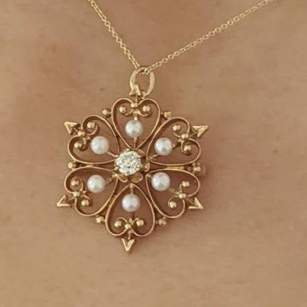 14 geelgouden antieke hanger broche / antieke Victoriaanse diamant gouden hanger en broche / vrouwen goud antieke hanger broche / cadeau voor haar