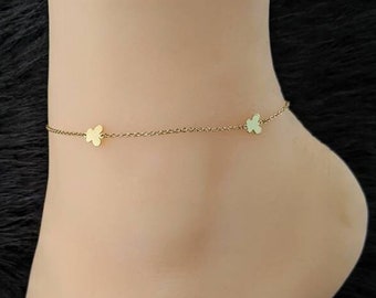 Butterfly Anklet Bracelet 14k Yellow Gold / 9" - 10" Adjustable / Solid Gold / Double Sided / NOT Gold Filled NOT Gold Plated / Gift for Her