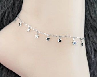 Dainty Stars Charm Anklets 925 Sterling Silver / Dangle Layering Charm Anklets / Real Silver ( Not Plated ) / Gift for Her / Summer Jewelry