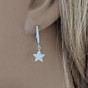Dangling Star Hoop Earrings 925 Sterling Silver Cubic Zirconia / Real Silver / Dainty Earrings / Gift for Her / Dangle Earrings