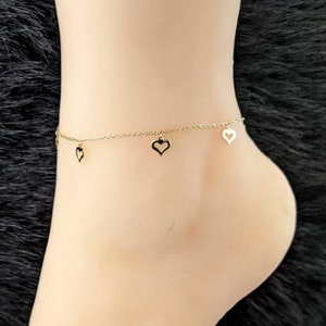 Heart Charm Anklet Bracelet 14k Yellow Gold / 9&quot;-10&quot; Adjustable / Double Sided / Solid Gold / NOT Gold Filled NOT Gold Plated / Gift for Her