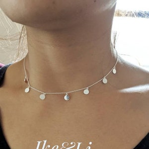 Dangling Disc Charm Choker Necklace 925 Sterling Silver / Coin Choker Necklace / Layering Necklace / Gift for Her