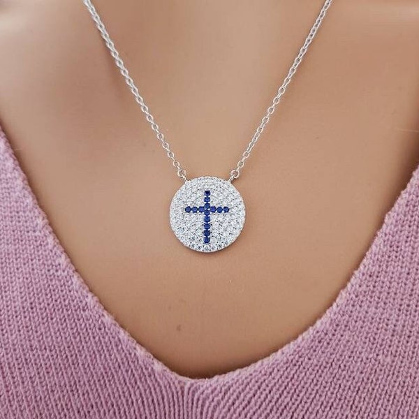 Cross Disc Necklace 925 Sterling Silver Cubic Zirconia / Religious Necklace / Pave Cross / Coin Cross / Layering / Adjustable / Gift for Her