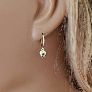 Dangling Heart Hoop Earrings 14k Yellow Gold / Puffed Heart / NOT Gold Filled NOT Gold Plated / Gift for Her