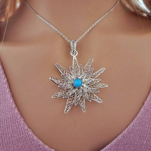 Antique Silver Flower Pendant / Vintage Pendant / Filigree Finish Necklace .800 Fine Silver / Gift for Her