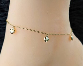 Puffed Heart Anklet Bracelet 14k Yellow Gold / 9" - 10" Adjustable / Double Sided Heart / NOT Gold Filled NOT Gold Plated / Gift for Her