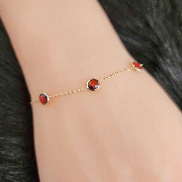 Natural Garnet by the Yard Bracelet  14k Yellow Gold / Double Sided / 5mm. Checker Board / January  Birthstone / Gift for Her