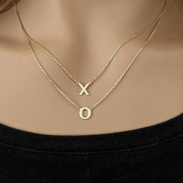 XO Necklace 14k Yellow Gold / Hugs & Kisses Necklace / Double Row / Sturdy Chain 18"-17"-16" Adjustable / Layering / Gift for Her