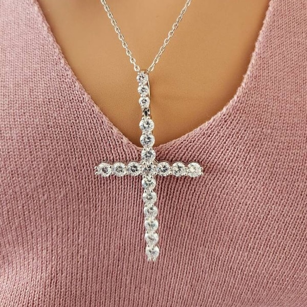 Extra Large Cross Necklace 925 Sterling Silver & Cubic Zirconia / Unisex / Real Silver ( Not Plated ) / Layering / Gift for Her- Him