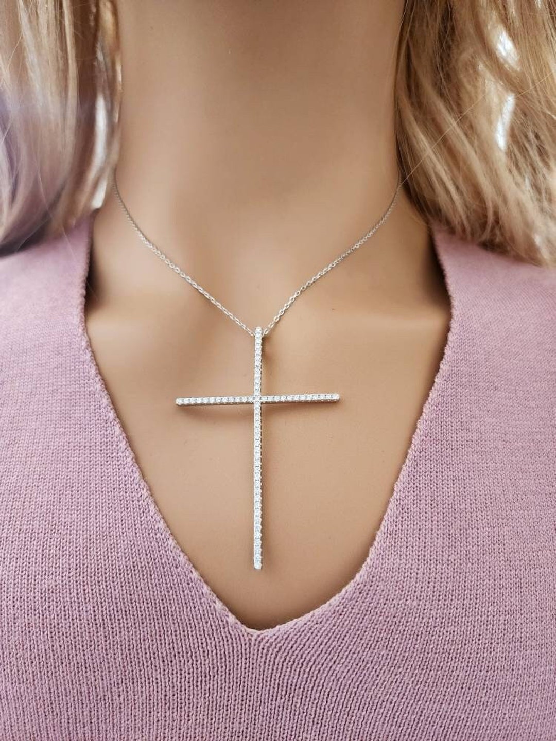 Extra Large Cross Necklace 925 Sterling Silver & Cubic Zirconia / Real
