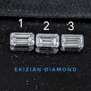 May include: Three emerald cut diamonds labeled 1, 2, and 3 on a black background. The text "EKIZIAN DIAMOND" is below the diamonds.