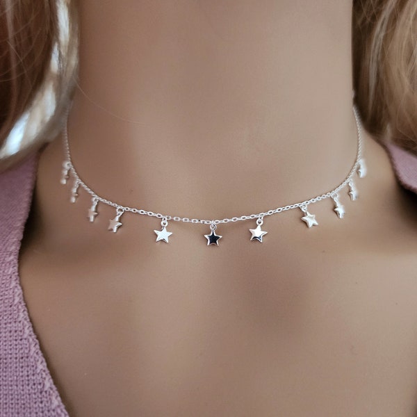 Mini Stars Cham Choker Necklace 925 Sterling Silver / Star Celestial Layering Necklace / Fine Quality Silver Choker / Gift for Her