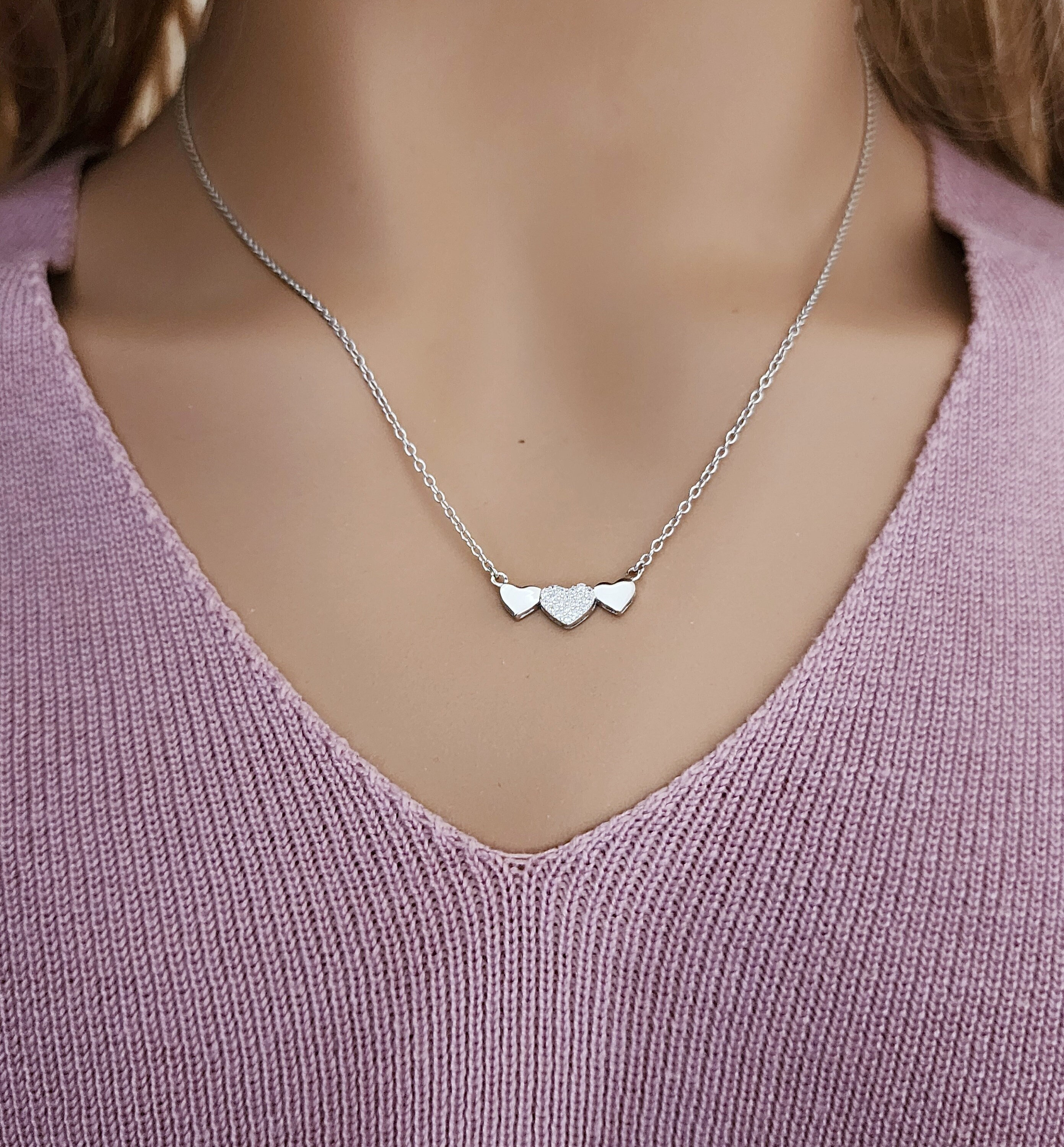 Heart Necklace 925 Sterling Silver & Cubic Zirconia / Three